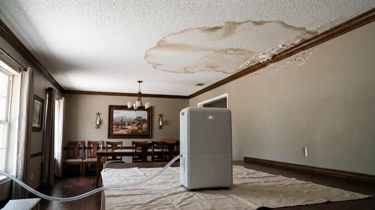 Water ring spreading across a dining room ceiling corner with a dehumidifier drying the room below