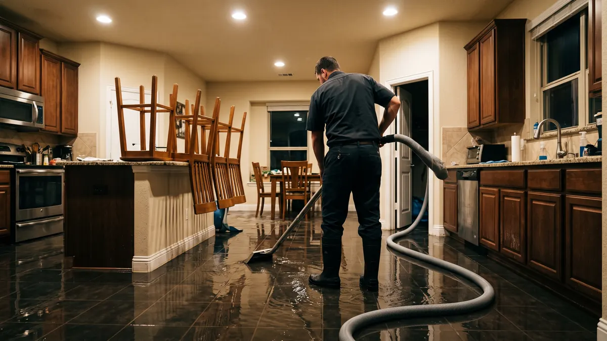 Technician guiding an extraction wand across a flooded kitchen floor at night
