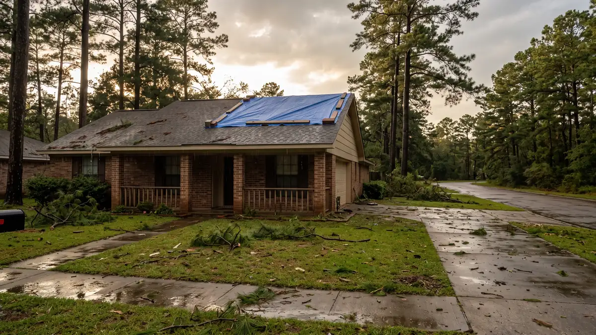 Brick home under pines after a thunderstorm with a blue tarp secured over a damaged roof section