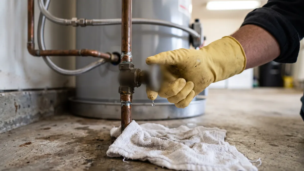 Gloved hand turning the main water shutoff valve beside a water heater